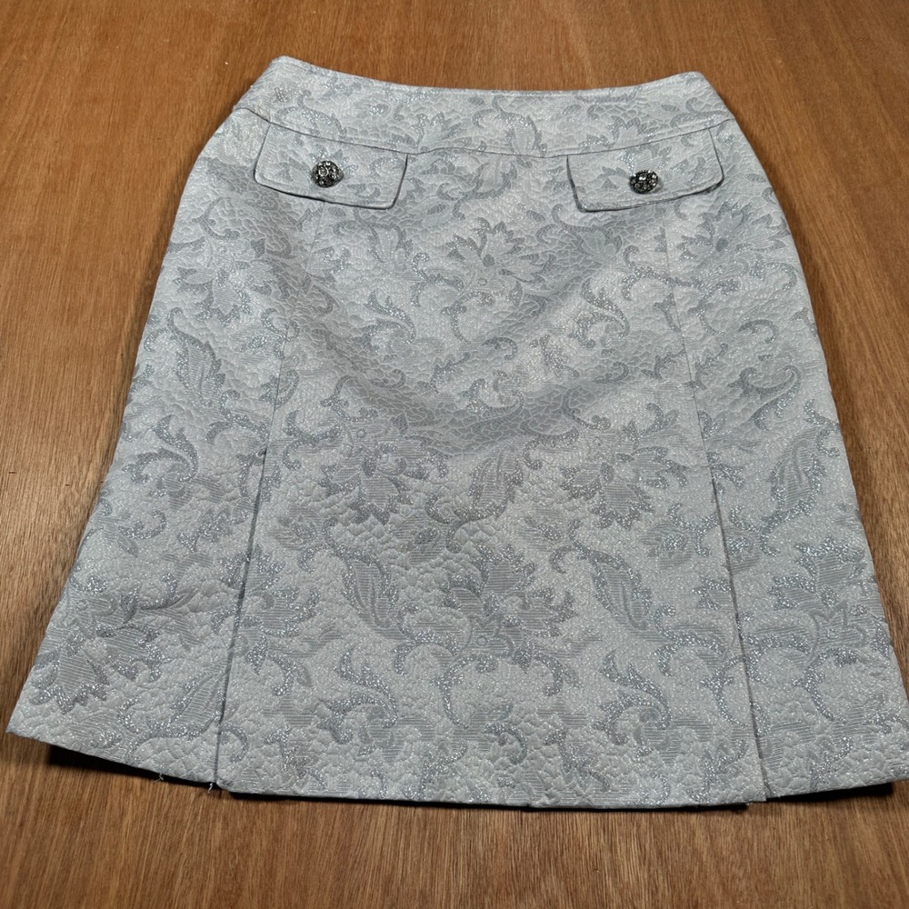 Etcetera Skirt Women 2 Silver Metallic Damask Brocade A-Line Jeweled Button Mini